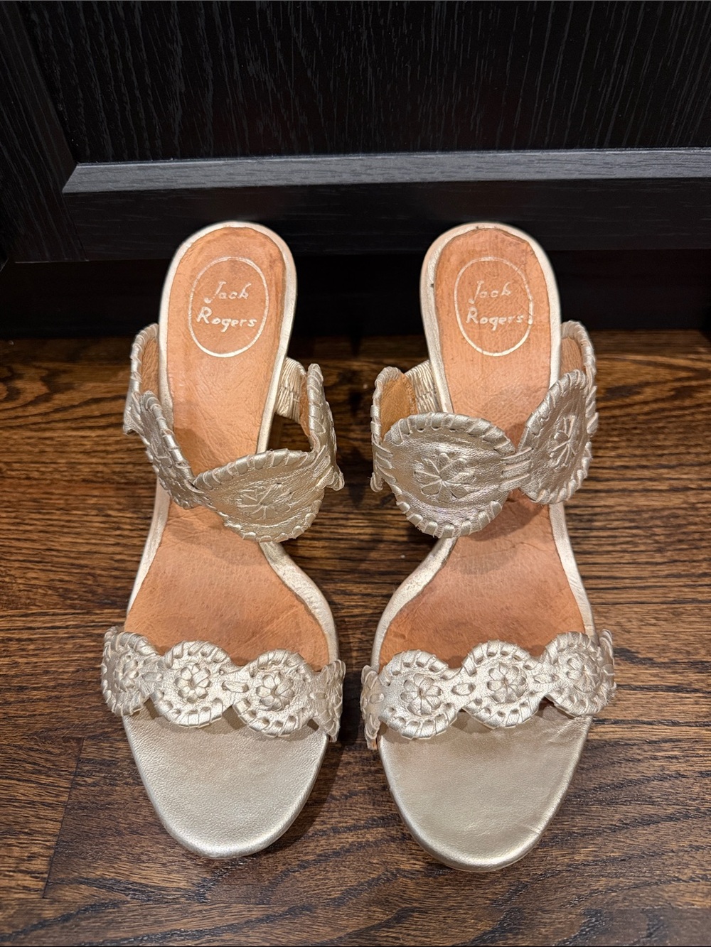 Jack Rogers Metallic Gold Embellished Leather Slide Wedges